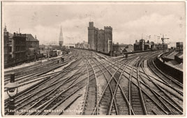 Newcastle upon Tyne. Largest Railway Crossing and High Level Bridge from Central Station, view of Castle
