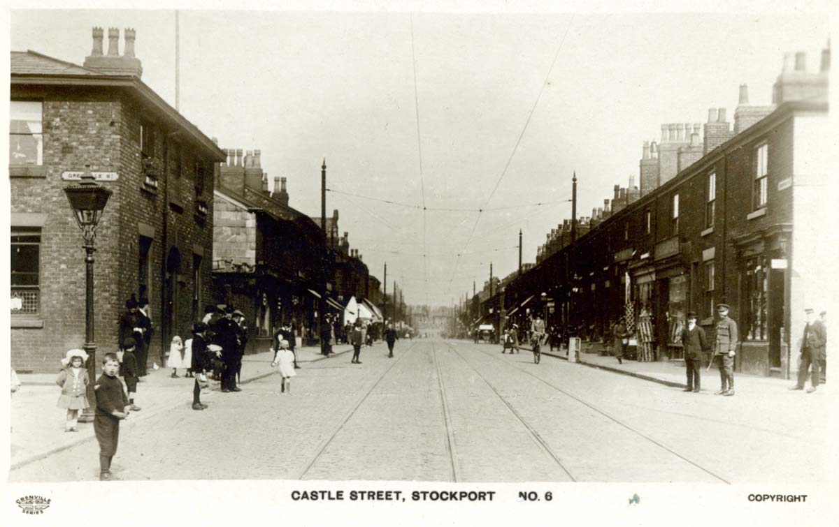 Stockport. Castle Street, the sign for Grenville Street can just be seen in the top left hand corner