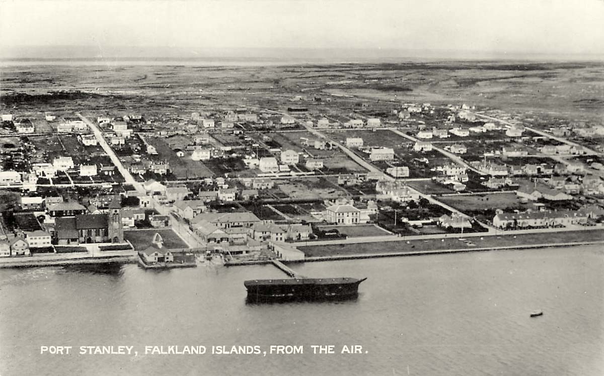 Port Stanley. Panorama of the city from the air