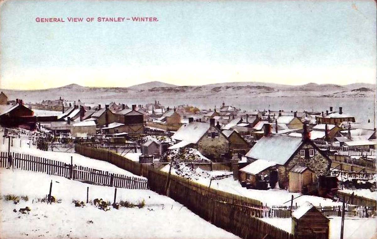 Port Stanley. Panorama of the city in winter