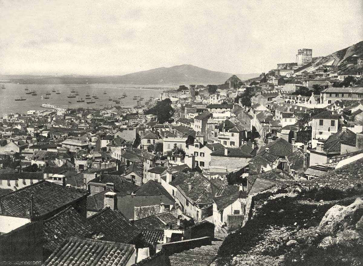 Gibraltar. View of the city from a rock of Armchair Queen of Spain, 1850