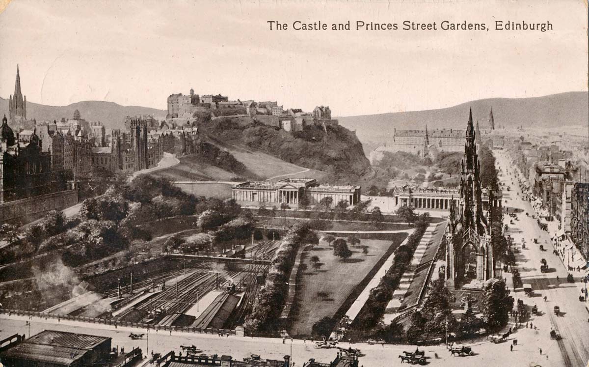 Edinburgh. Princes Street Gardens, Railway, National Gallery and Sir Walter Scott's Monument