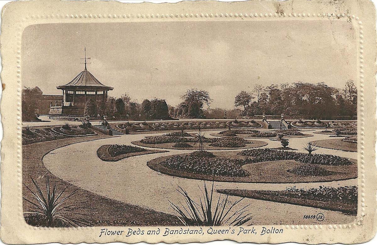Bolton. Queen's Park - Flower Beds and Bandstand