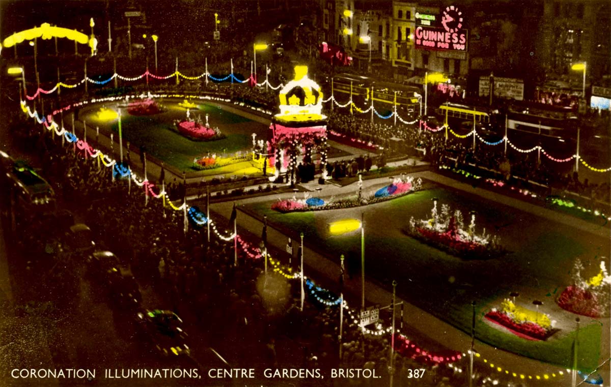 Bristol. City Centre - Ornamental Gardens, Coronation Illuminations, 1953