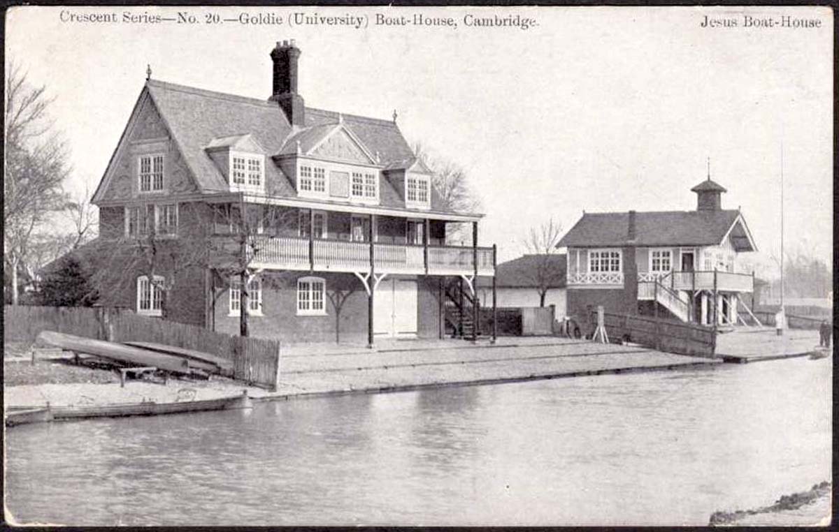 Cambridge. Goldie Boathouse (left) and Jesus Boathouse (right) - Cambridge University Rowing Club