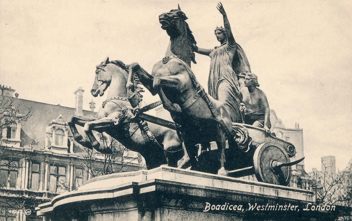 London. Thames embankment - Big Ben and Boudica statue, 1959
