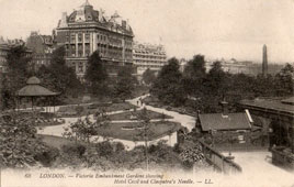 Greater London. Victoria embankment, gardens showing, Hotel Cecil and Cleopatra's Needle