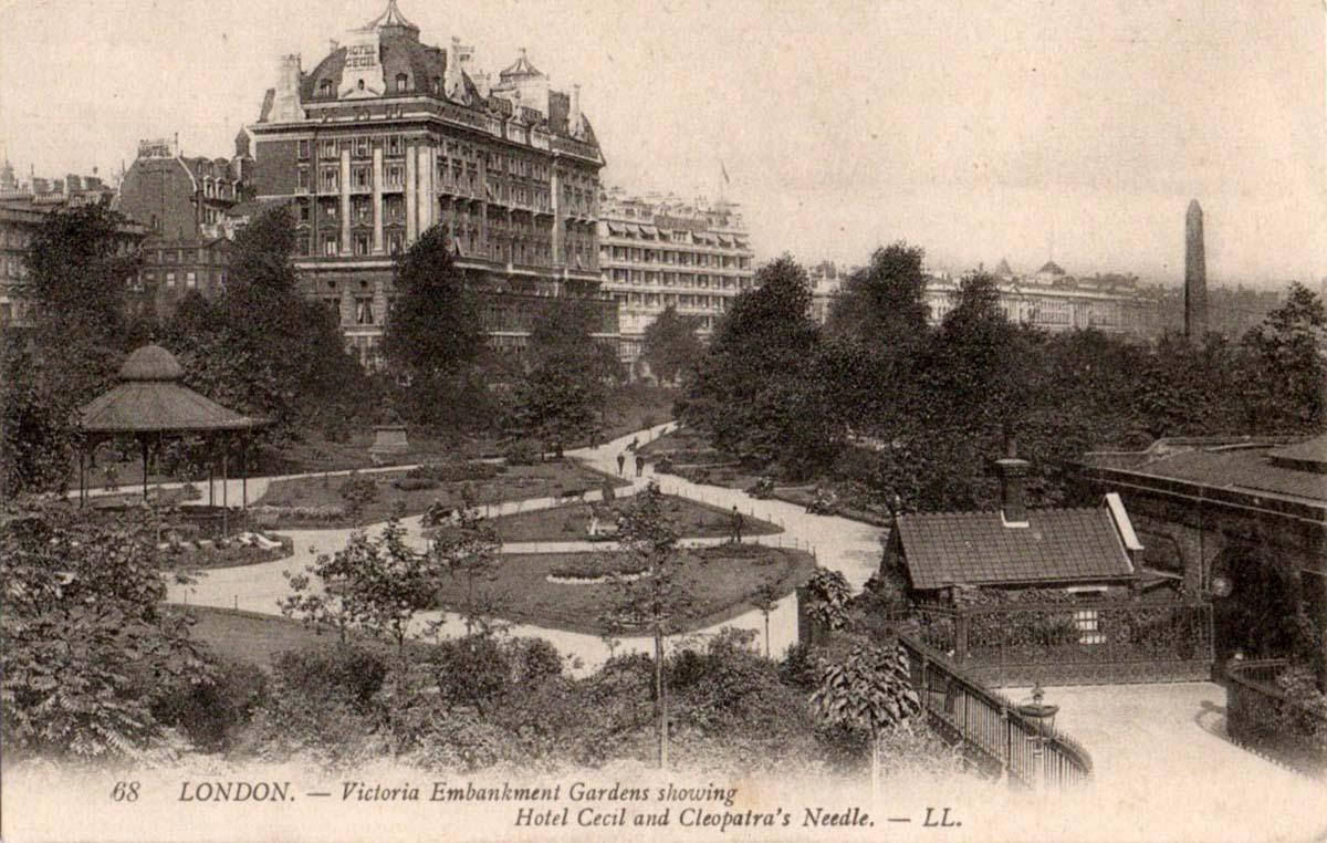 London. Victoria embankment, gardens showing, Hotel Cecil and Cleopatra's Needle