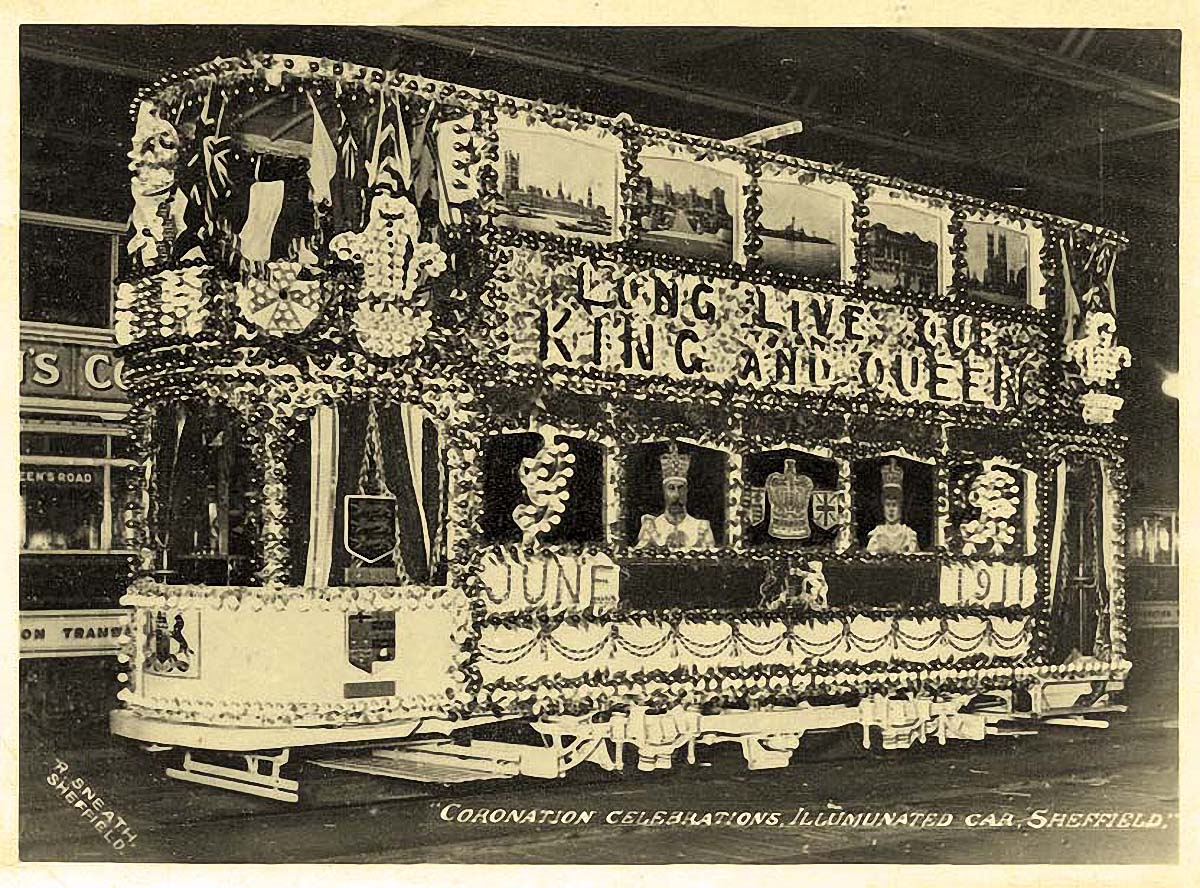 Sheffield. Coronation celebrations, illuminated tram, 1911