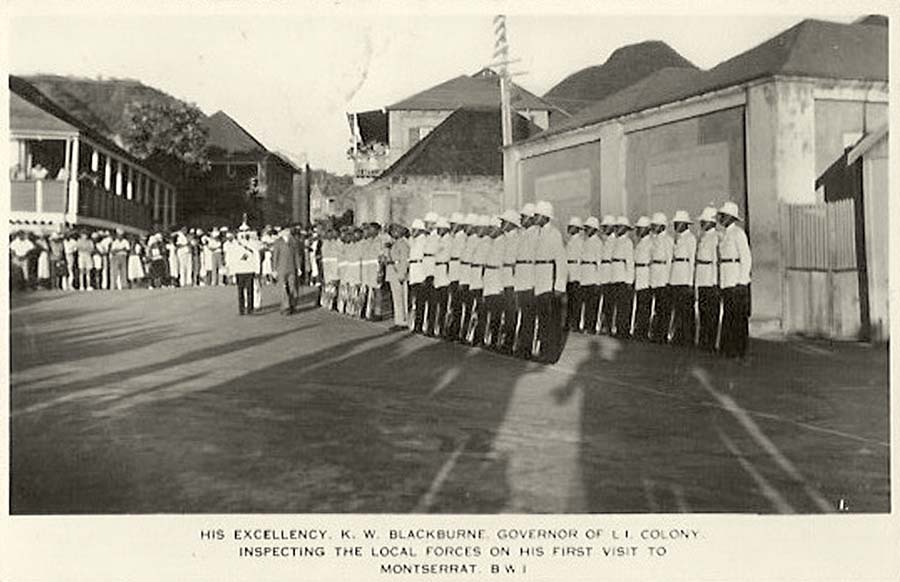 Plymouth. Governor inspecting the Local Forces on his first visit to Montserrat