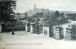 Glasgow. Kelvingrove Park Entrance, in the distance - University