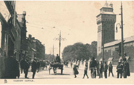 Cardiff. Duke street and Tower with Clock of Castle